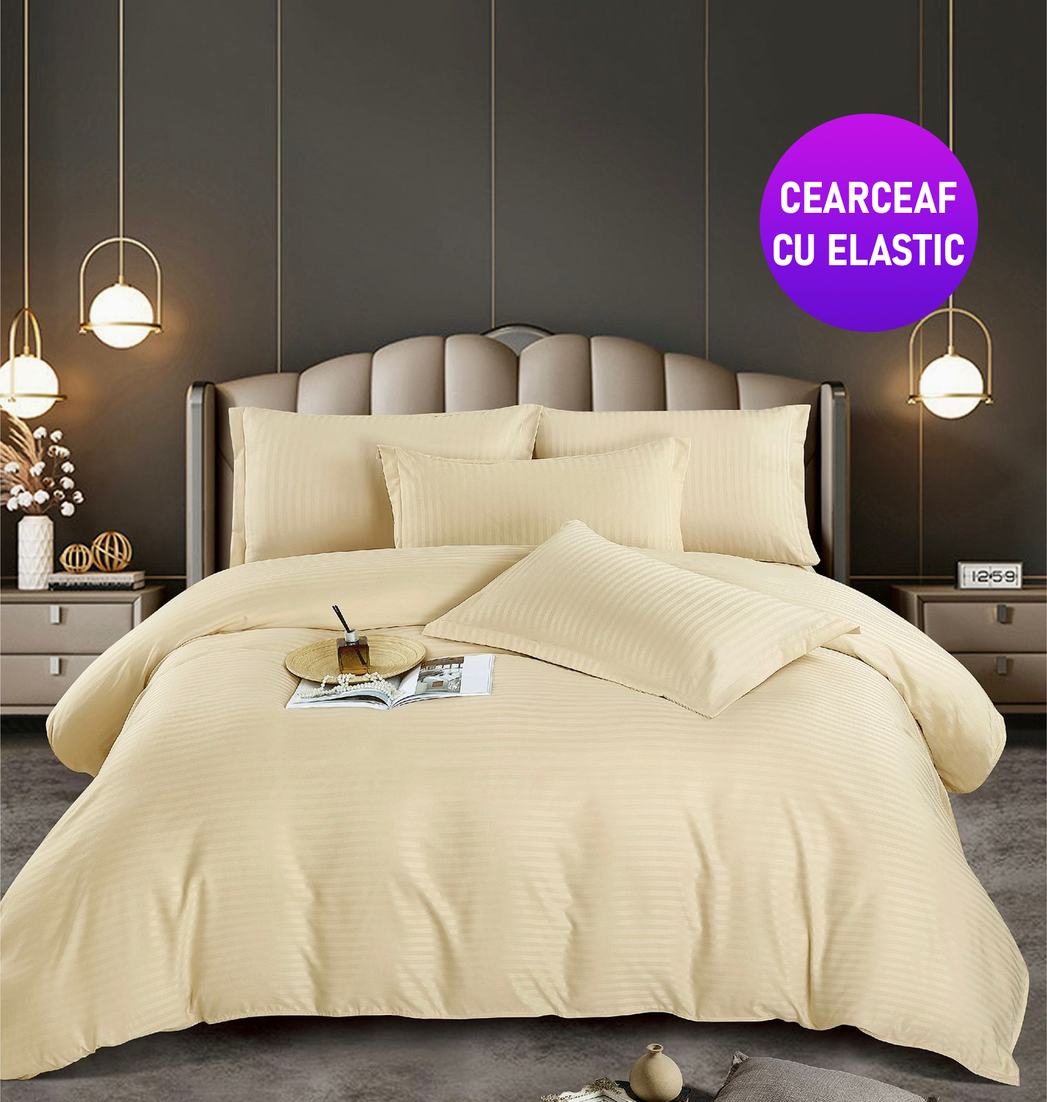 ELASTIC-crem-1 Lenjerie king size cu elastic Damasc Finet 6 piese Crem pentru confort și eleganță în dormitor - imagine 1