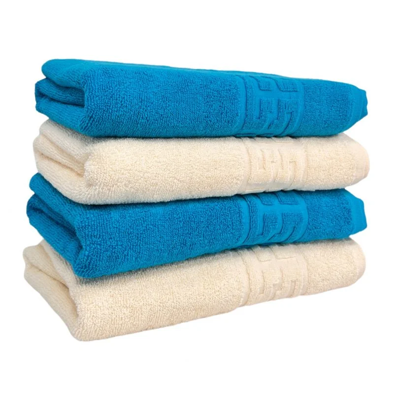 pachet-4-prosoape-baie-bumbac-100-550g-greek-bej-bleu-st10114-800x800.jpg Set 4 Prosoape Bumbac 50x90 cm Greek Border Turcoaz Ivoire 500 gr/mp pentru Răsfăț și Eleganță în Baie - imagine 1