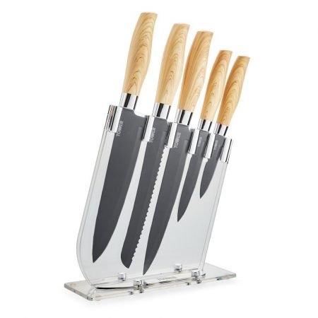 set-5-cutite-din-otel-inoxidabil-si-suport-acrilic-tower-t851012g-maner-cu-finisaj-de-lemn-6352-1 Set 5 cutite din otel inoxidabil cu suport acrilic Tower T851012G, maner lemn, design retro englezesc - imagine 1
