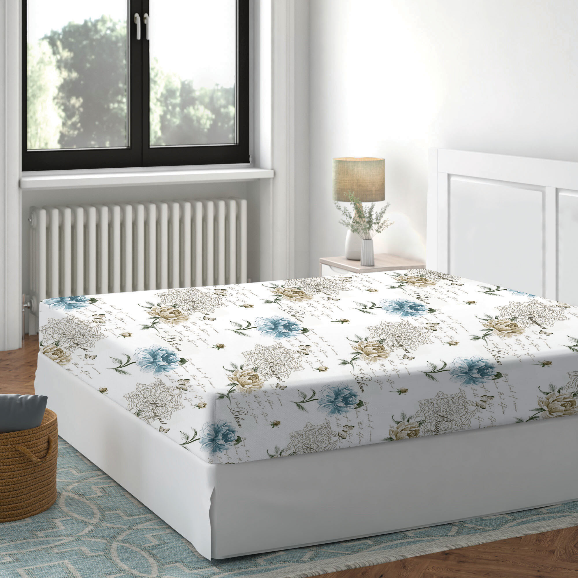 cearceaf-pat-elastic-floral-albastru-1 Cearceaf pat cu elastic 160x200cm Floral Blue Deluxe Bumbac Ranforce - imagine 1
