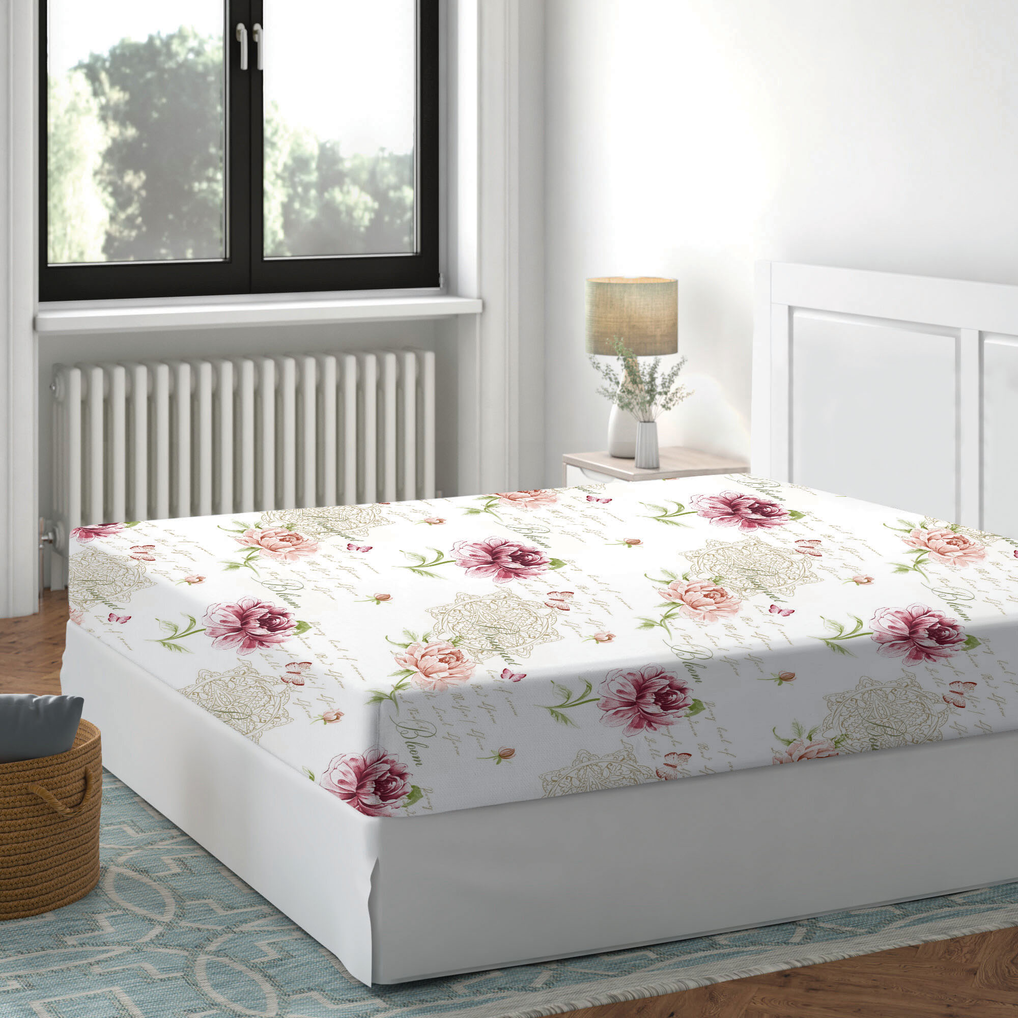 cearceaf-pat-elastic-floral-roz Cearceaf pat cu elastic 140x200cm Floral roz Bumbac Ranforce Deluxe - imagine 1