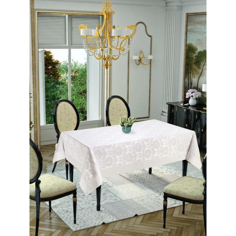 fata-masa-bumbac-jaquard-ecru-140-tabe Fata de masa Jaquard Damasc Deluxe ecru 140x200cm din bumbac policoton elegant - imagine 1