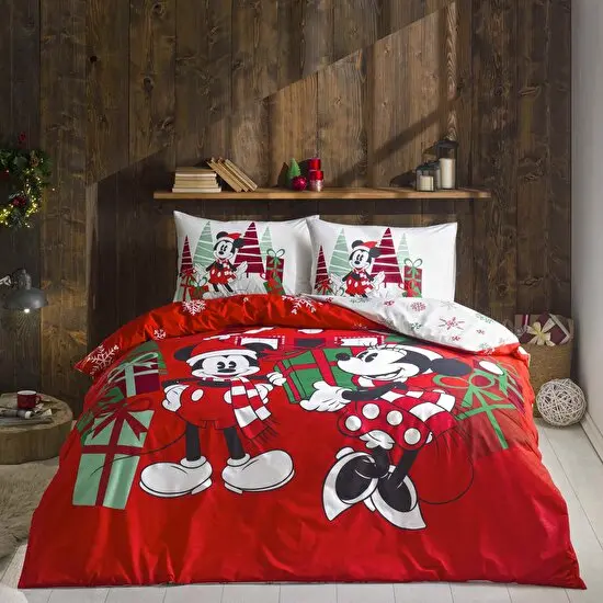 lenjerie-Disney-Minnie-Mickey-Christmas-bumbac-tac-jpeg Lenjerie de pat Disney Minnie&Mickey Christmas cu elastic (Bumbac Ranforce) - imagine 1