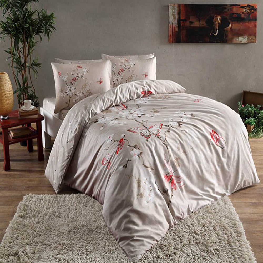 FIONA-BEJ Lenjerie de pat 1 persoana Fiona Digital TAC Bumbac Satinat DELUXE 160x220 cm cu design modern si tratament antisifonare - imagine 1