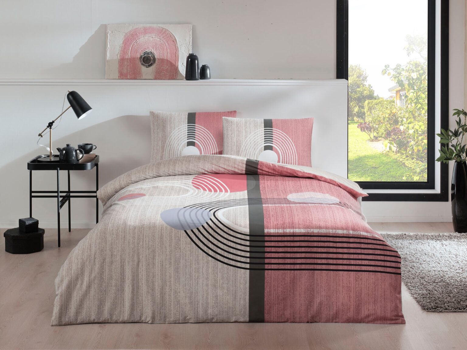 LENJERIE-BUMBAC-ALEX-ROZ-CU-ELASTIC-TAC Lenjerie de pat Alex roz 160x200 cm Bumbac Ranforce cu elastic TAC - imagine 1