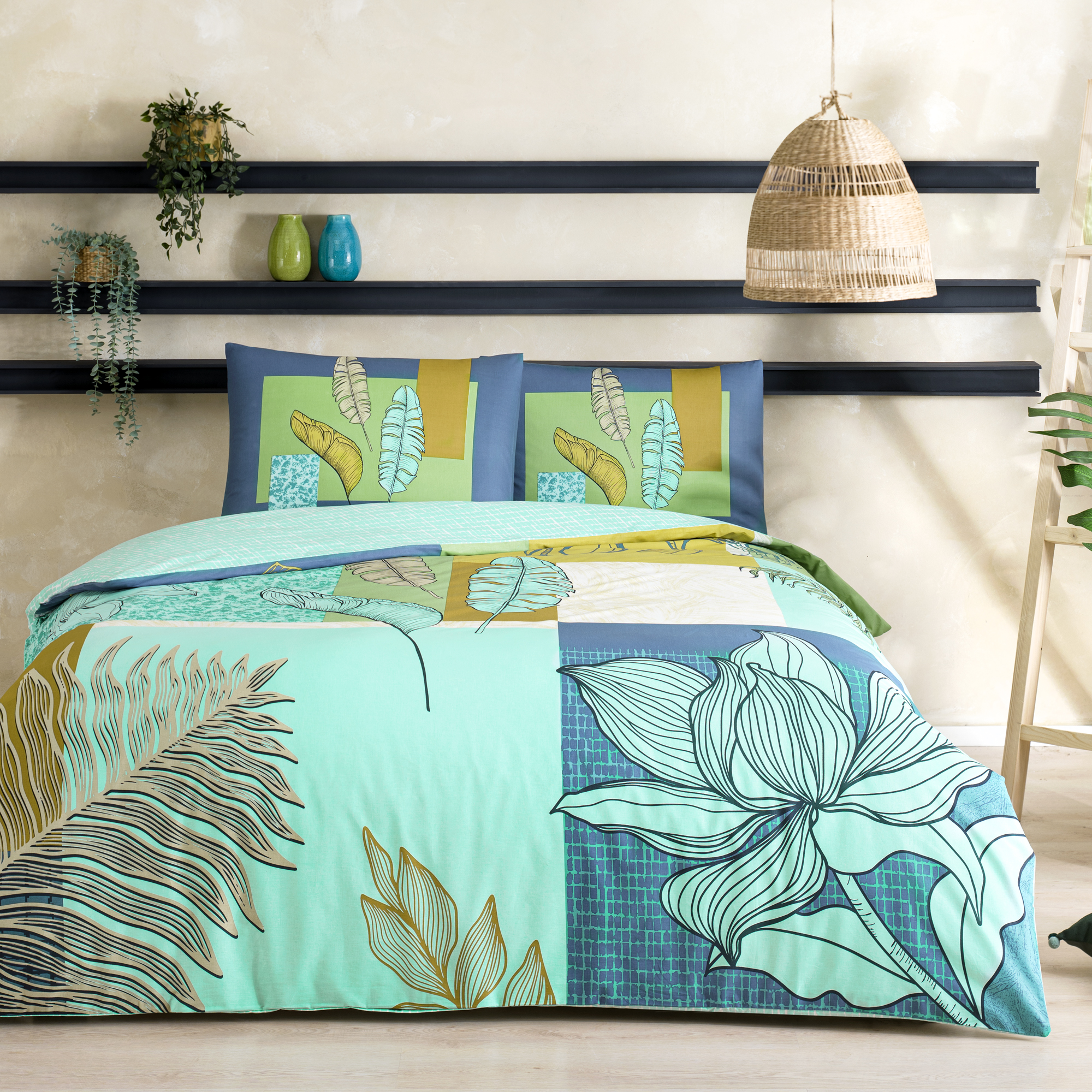 LENJERIE-BUMBAC-MONSTERA-CU-ELASTIC-TAC Lenjerie de pat Monstera TAC cu elastic 160x200 cm Bumbac Ranforce Antisifonare Design Modern - imagine 1