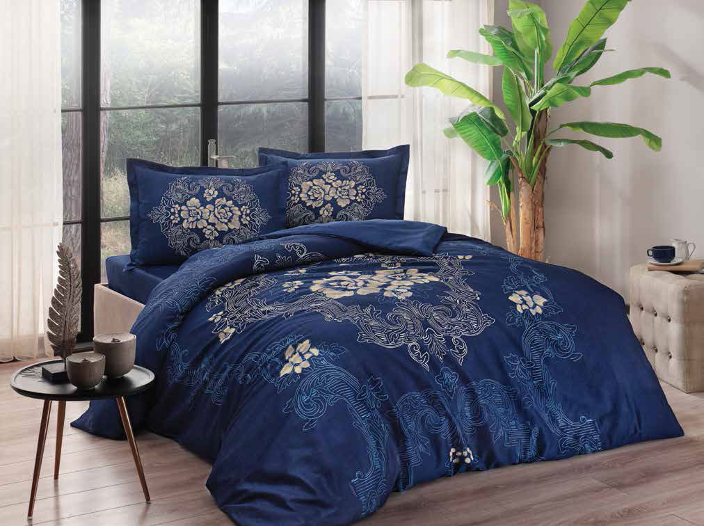 LENJERIE-BUMBAC-SATINAT-FLORIAN-ALBASTRU-TAC Lenjerie de pat Florian albastru 100% bumbac satin 200x220 cm TAC DELUXE - imagine 1