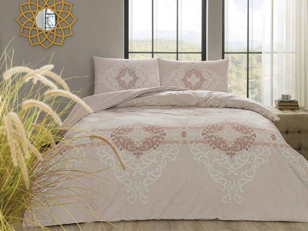 LENJERIE-BUMBAC-TAC-ELLIE-KAPICINO Lenjerie de pat Ellie capucino TAC Bumbac Ranforce 200x220 cm Antisifonare Design Modern - imagine 1