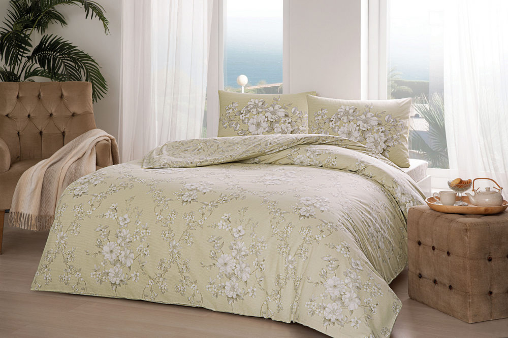 LENJERIE-BUMBAC-TAC-LILY-BEJ Lenjerie de pat bej TAC Lily 200x220 cm bumbac Ranforce antisifonare design modern - imagine 1