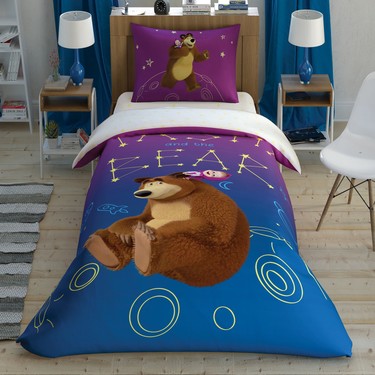 LENJERIE-COPII-DISNEY-MASHA-AND-THE-BEAR-GALAXY Lenjerie de pat Masha and the Bear Galaxxy TAC cu elastic 100% bumbac Ranforce 160x220 cm, design modern Disney - imagine 1