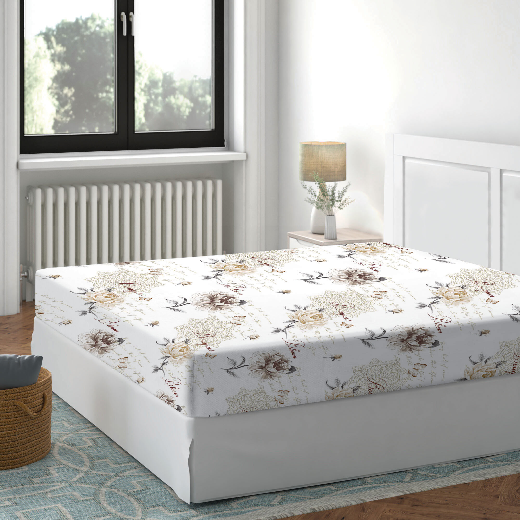 cearceaf-pat-elastic-floral-bej-1 Cearceaf pat cu elastic 160x200 cm Floral bej Deluxe Pucioasa Bumbac Ranforce - imagine 1
