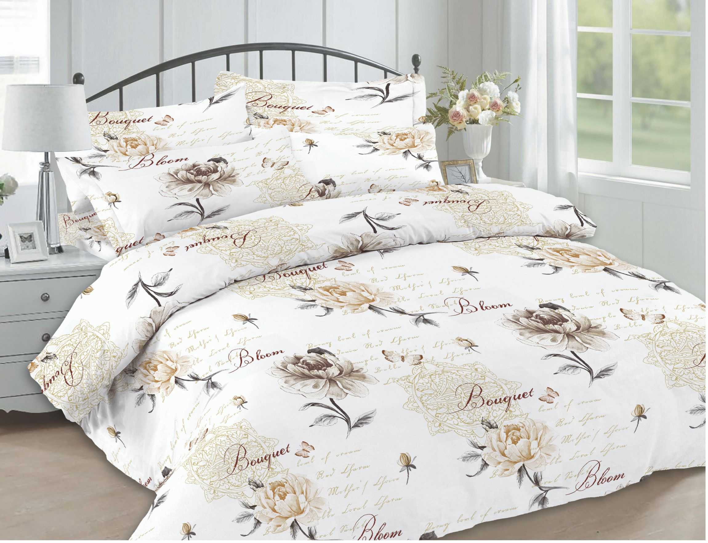 lenjerie-bumbac-ranforce-floral-bej-pucioasa Lenjerie de pat Floral Bej DELUXE Pucioasa Bumbac 100% - Dimensiuni 220x240 cm, 200x220 cm, 50x70 cm - Ideal pentru orice sezon - imagine 1