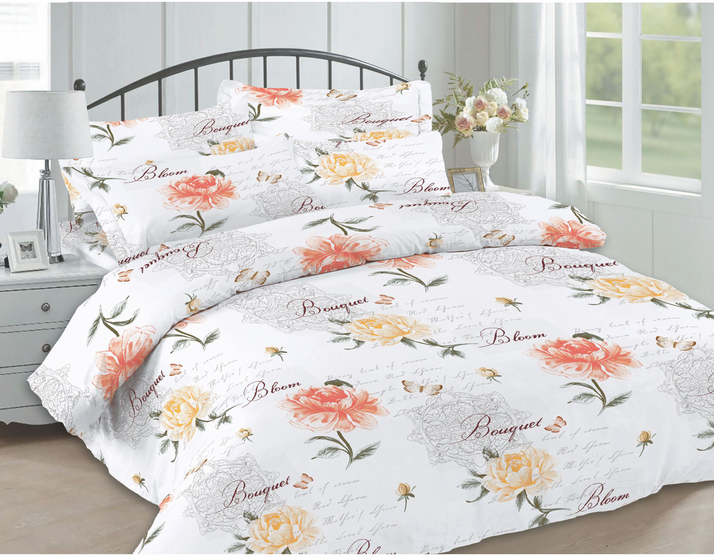 lenjerie-bumbac-ranforce-floral-piersica-pucioasa Lenjerie de pat Floral Peach DELUXE din bumbac 100% - Dimensiuni 220x240 cm, 200x220 cm, 50x70 cm, Ideală pentru orice sezon - imagine 1