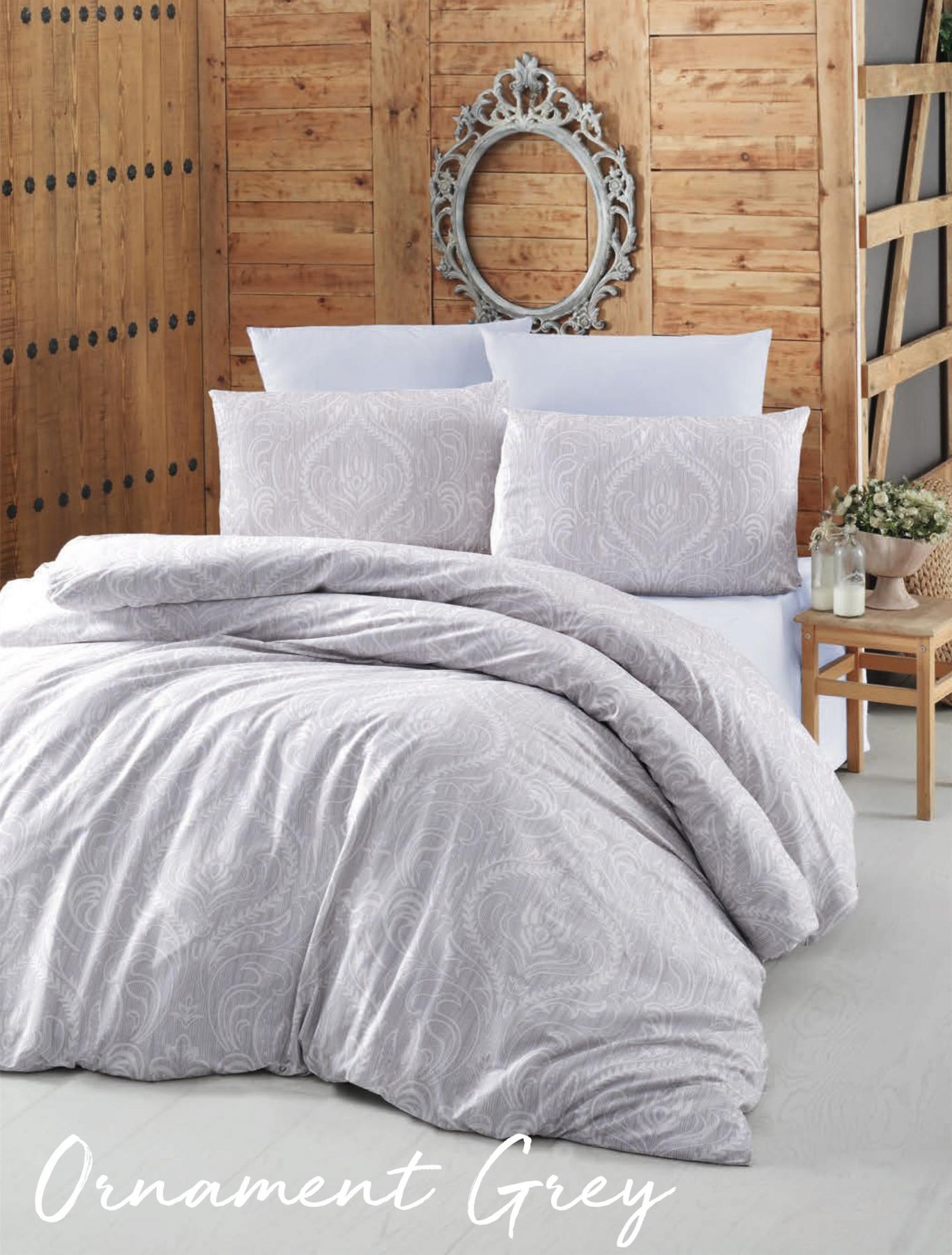 lenjerie-bumbac-ranforce-ornament-grey-victoria Lenjerie de pat VICTORIA 200x220 cm gri din bumbac Ranforce, tratată antisifonare - imagine 1