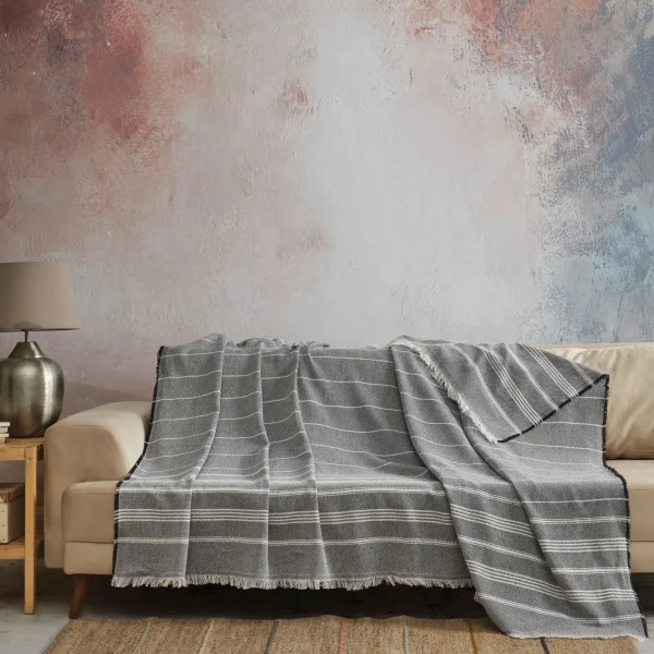 Pled Fotoliu Bumbac Fushia Gri Întunecat 130x170 cm cu Ciucuri Design Modern