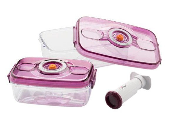 Set doua cutii de vidare si pompa GALLET MSV 250 BOX pentru depozitarea alimentelor in timpul calatoriei Set cutii de vidare transparente GALLET MSV 250 BOX cu pompă manuală pentru depozitarea alimentelor 1100 ml și 2200 ml - imagine 1