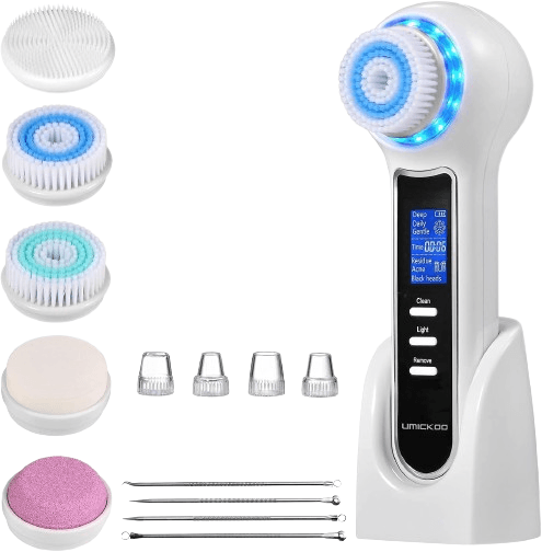 45042507 Dispozitiv multifunctional curatare fata 5 capete interschimbabile cu perii rotative, impermeabil IPX7, aspiratie puncte negre, lumina LED pentru acnee, autonomie 20 zile, alb - imagine 1