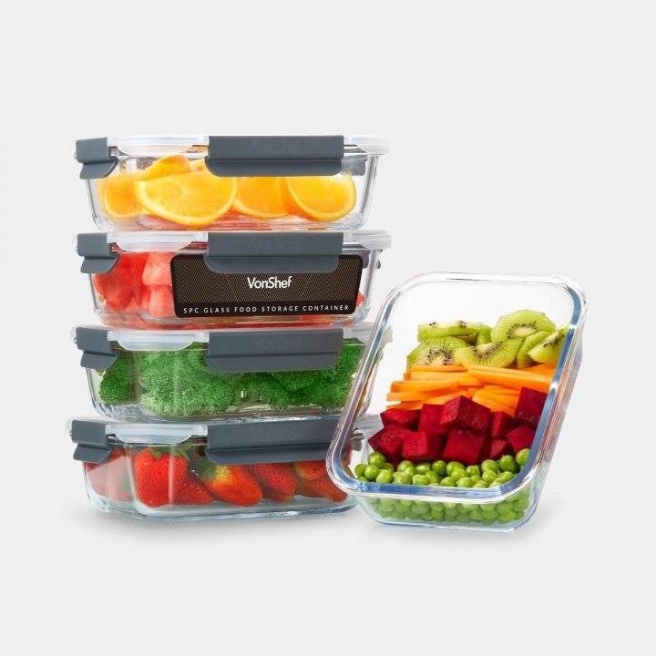 CAS1 Set 5 Caserole din Sticla Borosilicata VonShef 1500124, Rezistente la 220 Grade, Capace Etanse Fara BPA, Dimensiuni 20.7cm x 15.5cm x 6.5cm, Ideal pentru Depozitare Alimente - imagine 1