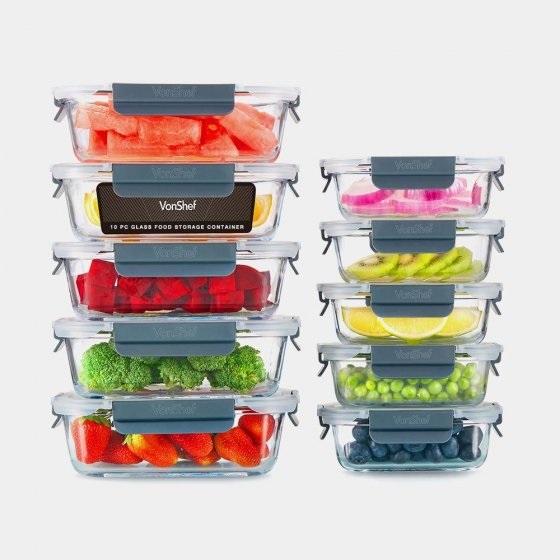 CASE1 Set 10 Caserole din Sticla Borosilicata VonShef 1500123, Rezistente la 220 Grade, Capace Etanse Fara BPA, 5 Caserole 1050ml si 5 Caserole 370ml, Ideal pentru Depozitare Alimente - imagine 1