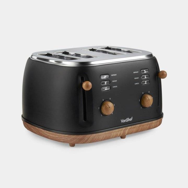 PRAJ 1 Prajitor de paine Fika VonShef 1500W negru cu aspect de lemn, capacitate 4 felii, 6 niveluri de rumenire, lumini LED, dimensiuni 19.5cm x 32.5cm x 36.5cm - imagine 1