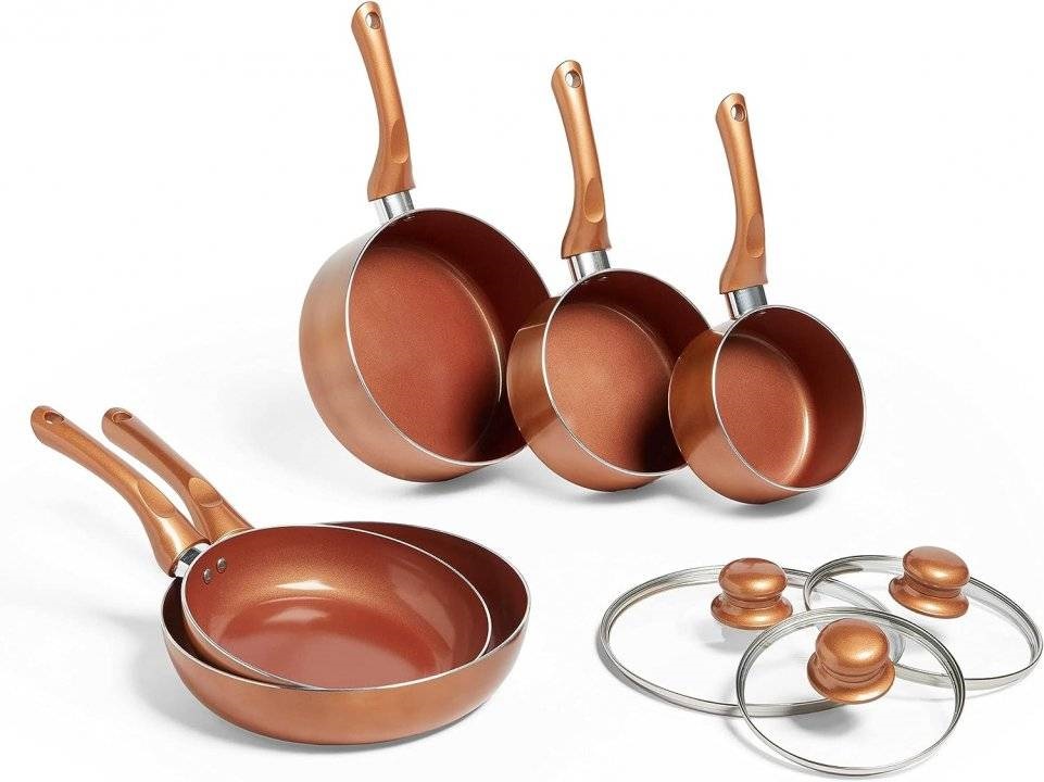 TIG1 Set 5 tigai si oale cu efect de cupru VonShef 1500088, capace din sticla, manere ergonomice, compatibile cu toate tipurile de plita - imagine 1