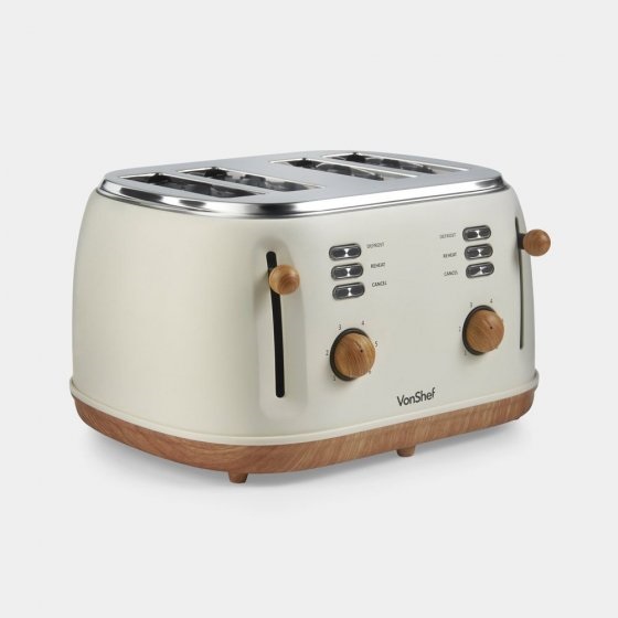 PRAJIT1 Prajitor de paine Fika VonShef 1500W cu 4 fante, 6 niveluri de rumenire, design lemn bej, dimensiuni 19.5cm x 32.5cm x 36.5cm - imagine 1