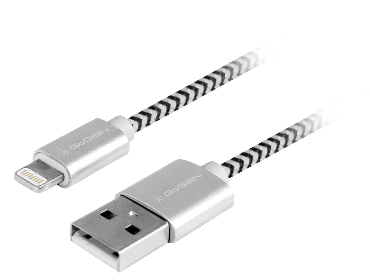 Cablu de incarcare si transfer de date GoGEN Cablu de incarcare si transfer date GoGEN, USB la Lightning, 2m, impletitura textila, argintiu, compatibil iPhone iPad iPod - imagine 1