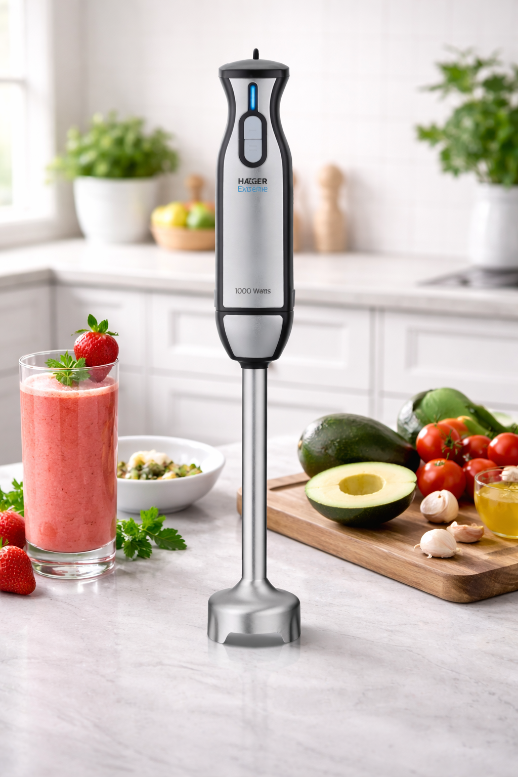 Mixer Vertical HAEGER Extreme Magic Wand 1000W, Lame din Titan, Inox, Functie Turbo, 2 Viteze, Iluminare Led