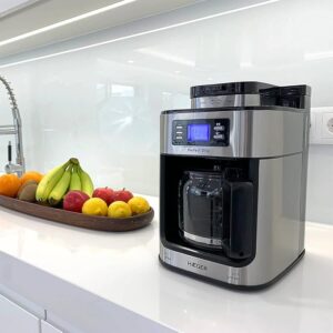 Cafetiera cu Rasnita Integrata HAEGER Perfect Drip, Putere 1050 W, Volum 1.25 l, 10 Cesti, Capacitate Rasnita 60g, Afisaj LCD, Timer, Sistem Anti Picurare